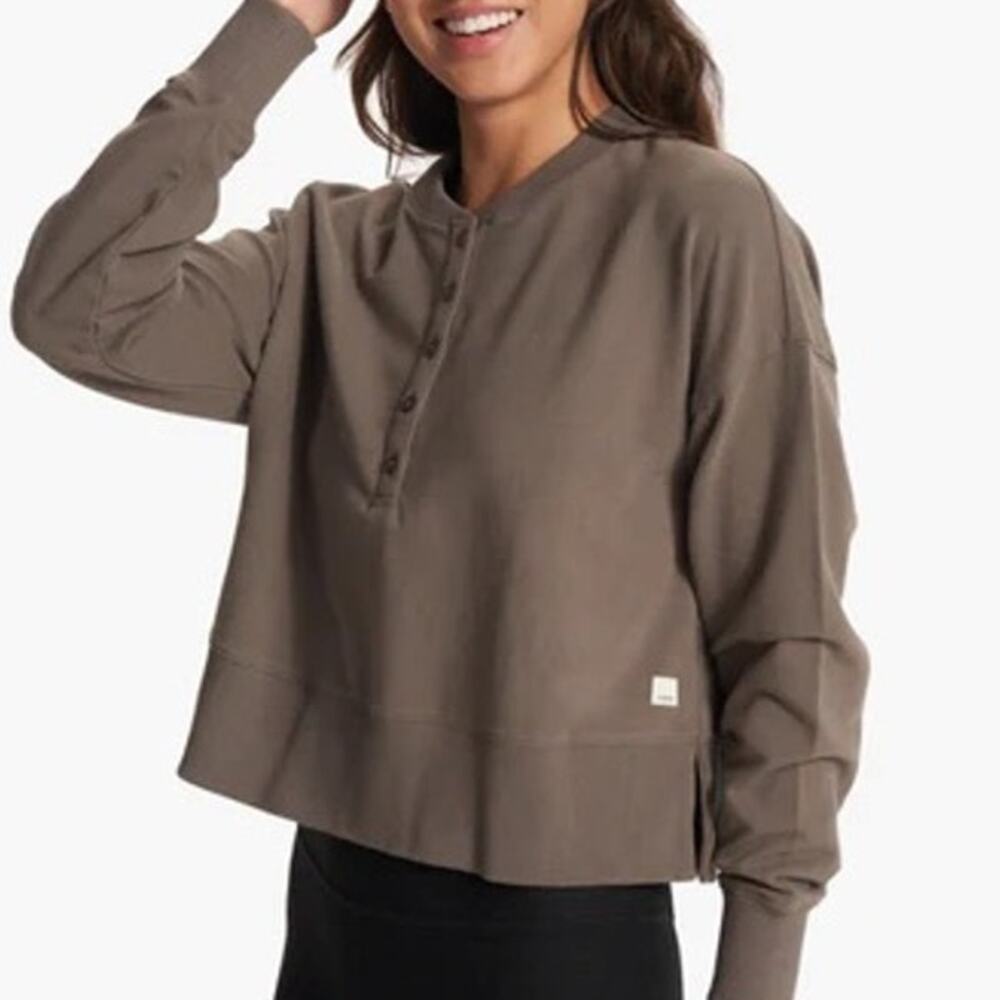 Vuori Laguna Henley in Cocoa Heather Long Sleeve Organic Cotton Sweater Women XS - Picture 3 of 16